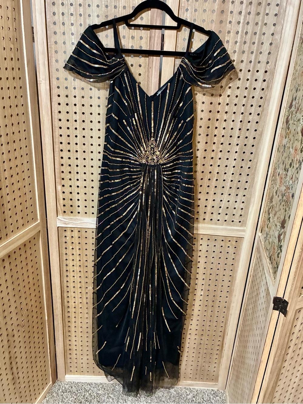 Elegant Black & Gold Cold Shoulder Dress with Gold Beaded Radiance by Babeyond 6